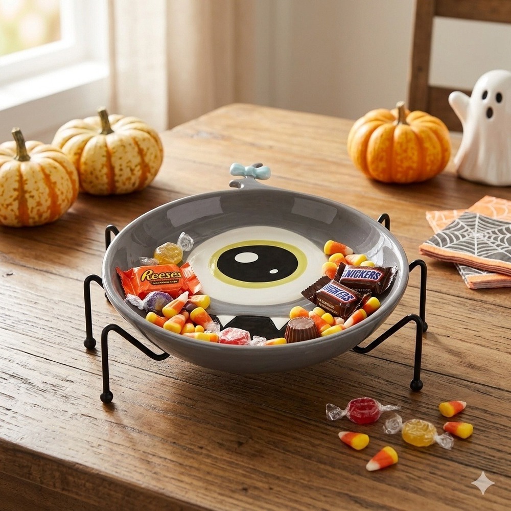Halloween Monster Candy Bowl Grey Ceramic One Eye Spider Leg Metal Stand Decor